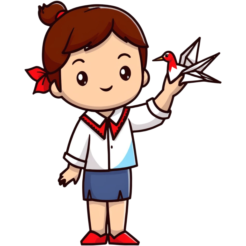 A happy Ukrainian young girl with brown hair in a white embroidered shirt makes an origami red crane craft emoji