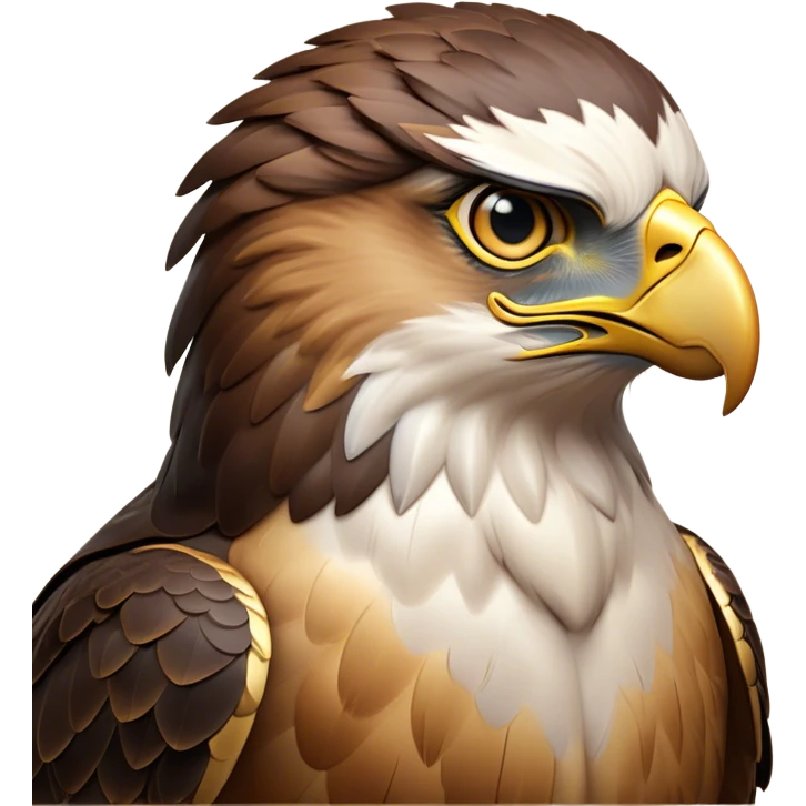 Cinematic Noble Hawk Portrait Emoji, Poised and regal, with a sturdy, agile build, a sharp, hooked beak, and intense, focused eyes that exude predatory precision, Simplified yet sharp and sophisticated features, highly detailed, glowing with a soft, golden glow, high shine, intelligent and vigilant, stylized with an air of aerial mastery, focused and determined, soft glowing outline, capturing the essence of a watchful and confident hawk that appears ready to soar out of the screen with effortless authority! emoji