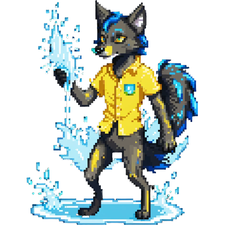 people in yellow shirts spraying water on an anthro black wolf emoji