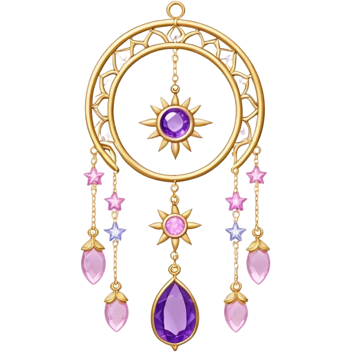 Epic Hanging gold suncatcher, threads with shiny sparkly amethyst and rose-quartz gemstones, flowers, moons, stars, emoji
