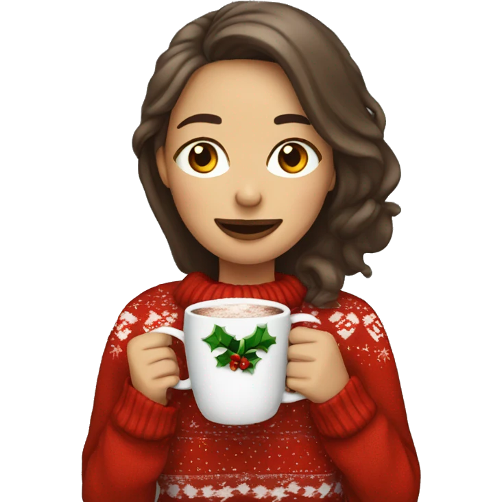 Woman drinking hot cocoa wearing a xmas sweater emoji