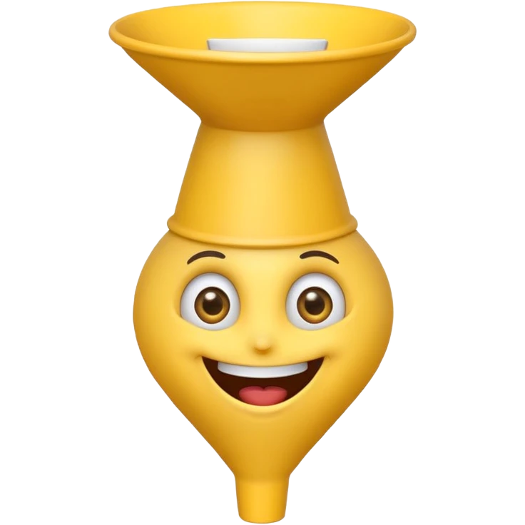 Crazy laughing emoji on upside-down kitchen funnel on its head (not a hat), wide smile, big eyes, cartoon emoji style, bright colors. emoji