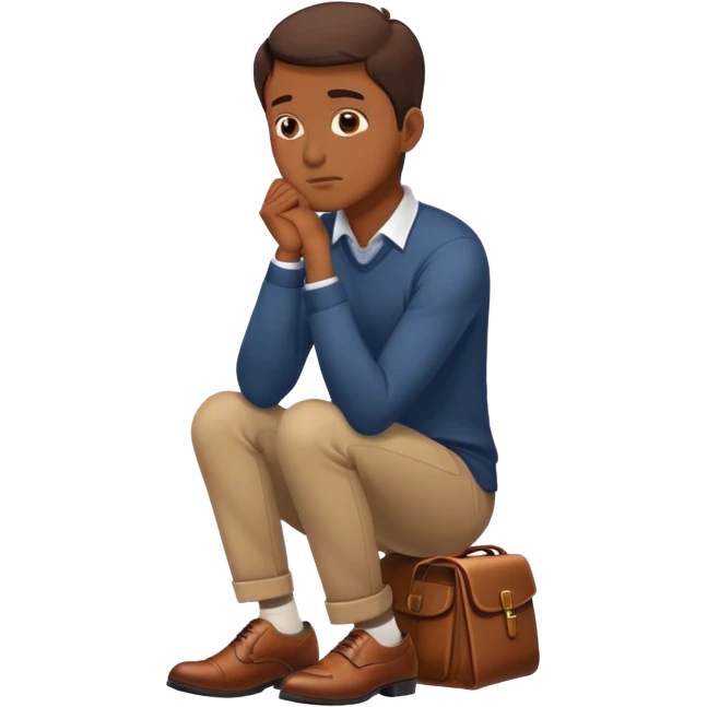 person with brown shoes, hand on chin, thinking emoji