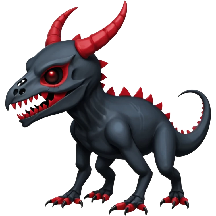 Shiny Dark Edgy  Duskull-Salandit-Inteleon-Fakémon-hybrid-creature (full body) with a horned animal-skull-mask emoji