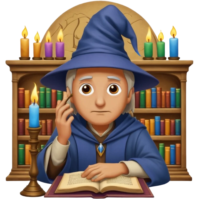 "Thinking face emoji 🤔 as a thoughtful wizard in Hogwarts library, scratching head with quill, surrounded by floating books and candles, detailed digital art in Harry Potter style, puzzled expression, magical atmosphere."
 emoji