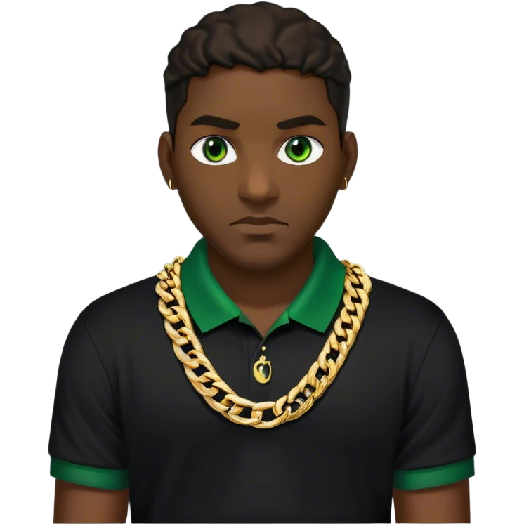 Homme Antillais avec des looks des yeux verts, des chaine en or épaisses en força ou maille cubaine originaire de Martinique avec un polo noir  emoji