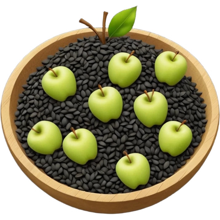 small scattered heap of tiny matte black seeds with irregular triangular shapes and slightly rough texture, loose organic pile with a few seeds dispersed around the base, no bowl or extras, apple emoji style, soft lighting, subtle shadows, transparent background, emoji scale emoji