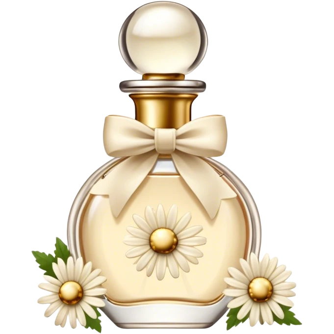 Beige vintage-style perfume bottle and ivory-colored daisies and gold bow emoji