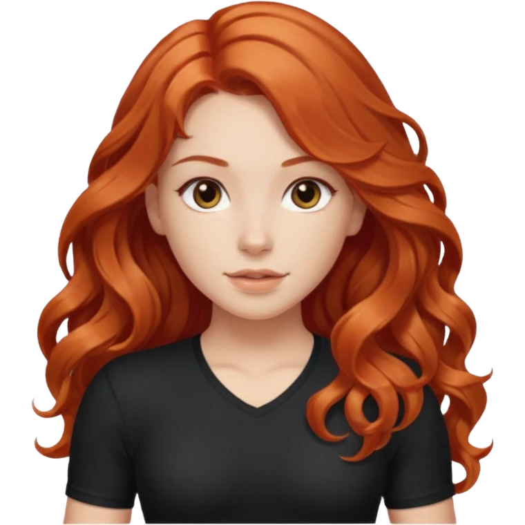 Athletic girl with long light red wavy hair and smaller boobs bigger arms not too big. middle part and black shirt emoji