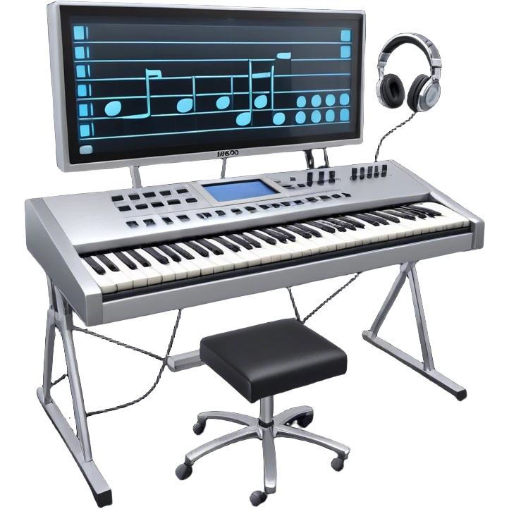 Create a professional and artistic emoji that represents writing music tracks. The design should feature a large monitor displaying musical notes or a score, positioned in front of a professional Korg synthesizer. Add elements like studio headphones, a MIDI keyboard, and an audio interface to symbolize the tools used in music production. Use sleek, modern colors like silver, black, and neon accents to convey the professional environment of music composition. The background should be transparent. emoji