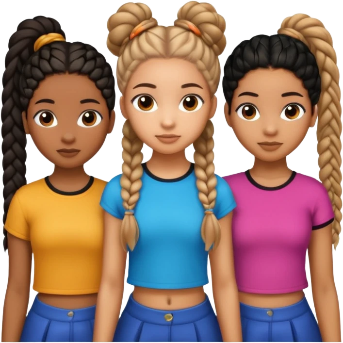 3 black teenage girls. One with shoulder length long curly hair and a little light skinned. One with Carmel skin with two long straight ponytails. One a little darker with 6 straight back braids going into buns in the back emoji