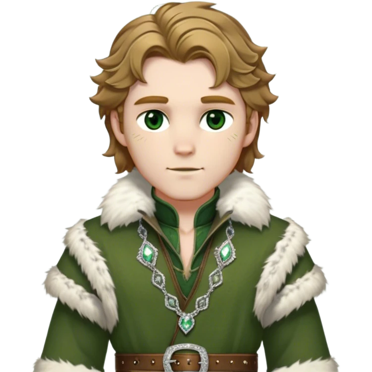 Medieval winter outfit worn by a DnD themed fantasy male character. Heavy olive green wool tunic with lynx fur collar, secured with ornate silver fastenings and a thick embossed leather belt. Clothes only above the waist, full waist coverage. The character has no arms. Character is white-skinned with golden brown hair, forest green eyes, and shoulder-length wavy hair with ice-crystal highlights. emoji