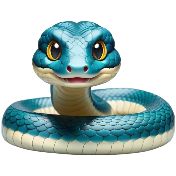 Cinematic Cute Chinese Water Snake Portrait Emoji, Head tilted playfully and inquisitively, with a compact, lithe form and a smooth, shimmering coat in subtle aquatic hues, round, sparkling eyes filled with curious fluidity, Simplified yet irresistibly adorable features, highly detailed, glowing with a warm, friendly glow, high shine, affectionate and agile, stylized with a touch of aquatic whimsy, soft glowing outline, capturing the essence of a mischievous yet loving water snake that feels like it could slither out of the screen into your arms! emoji