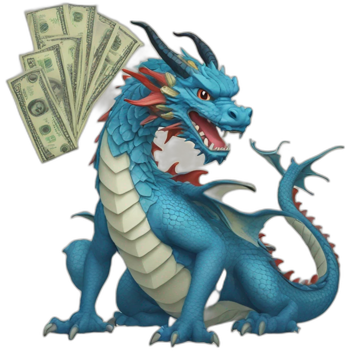 ukiyoe cute blue dragon with cash emoji