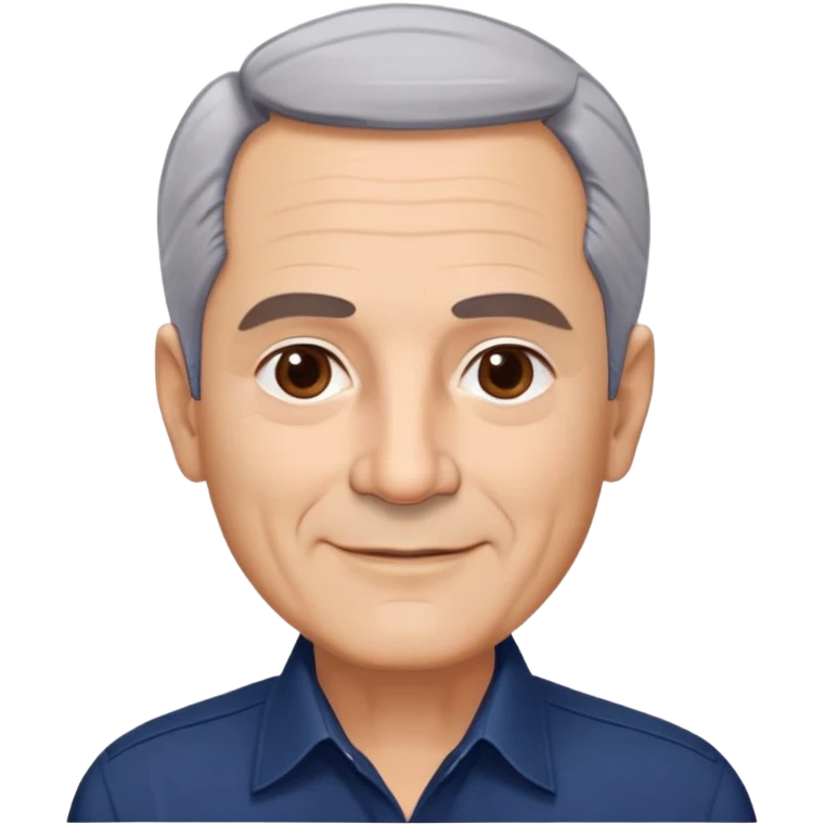 Respected Puerto Rican actor in his 60s, fair skin, round face with broad cheekbones, lively brown eyes, thick eyebrows, straight nose, short gray hair combed to the side with receding hairline, clean-shaven, friendly smile, wearing navy blue button-up shirt emoji
