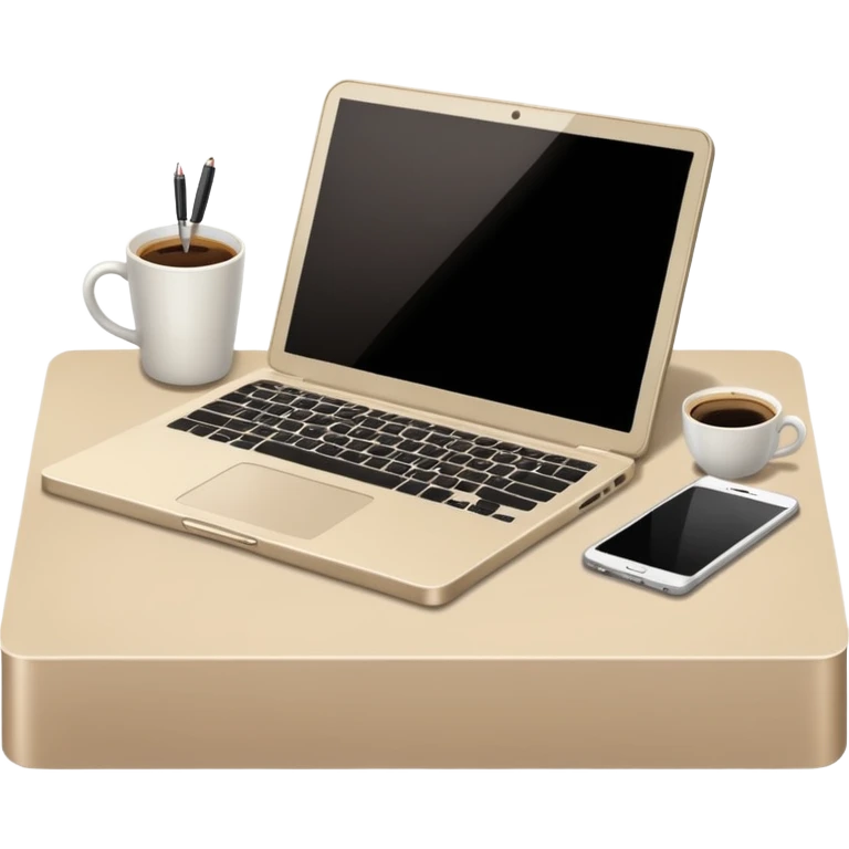 Laptop on the rectangular beige table, coffee and notebook emoji