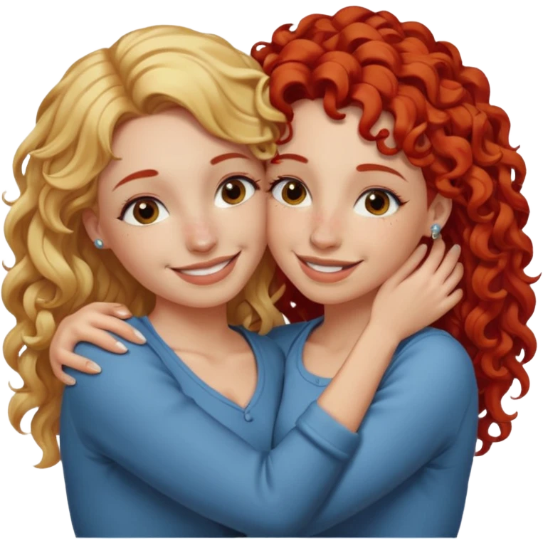 A woman with straight blonde hair and a nose piercing and a woman with curly red hair and a nose piercing are hugging and smiling together. emoji