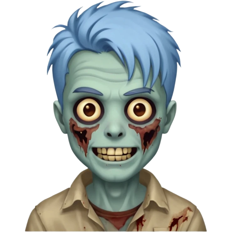 я мужчина, цвет волос пепельно синий, стрижка как у футболиста Yamal сделай меня в стиле зомби и ещё сделай с Улыбкой крутой и поменяй стрижку больше объемной зделай emoji