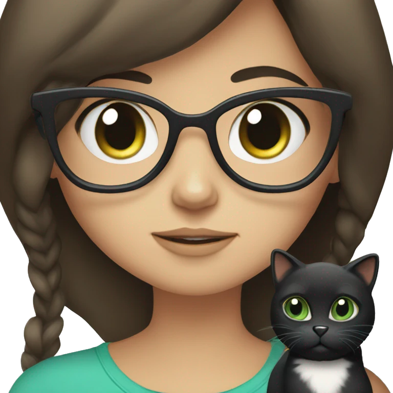 Brunette girl with glasses and Bluey green eyes holding a black and white cat emoji