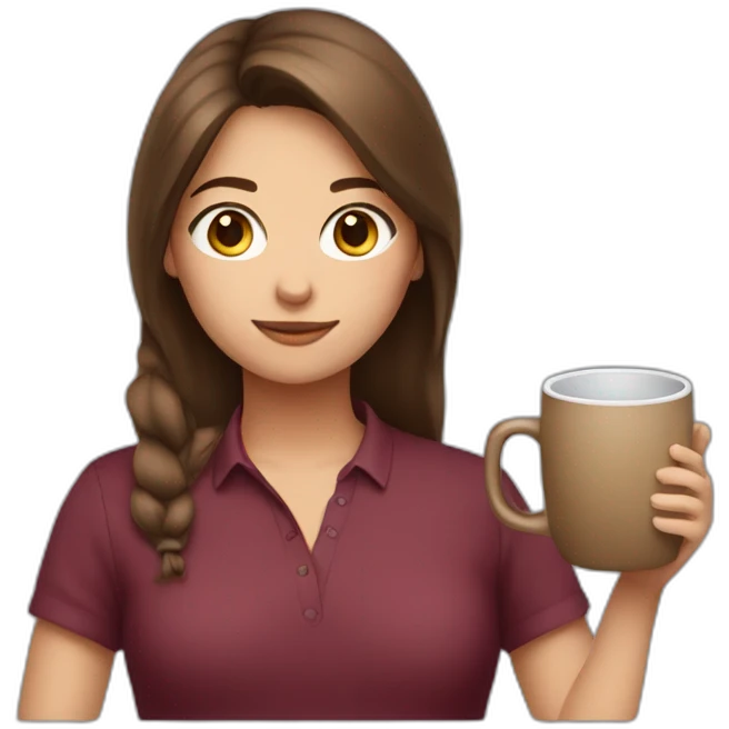 girl with brown hair, burgundy shirt with a large mug in her hand emoji