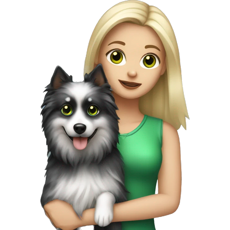 White girl with green eyes and highlights on the hair holding her dog black spitz emoji