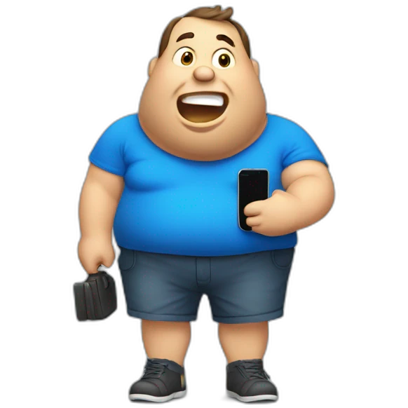 fat man in a blue shirt calling with mobile phone emoji