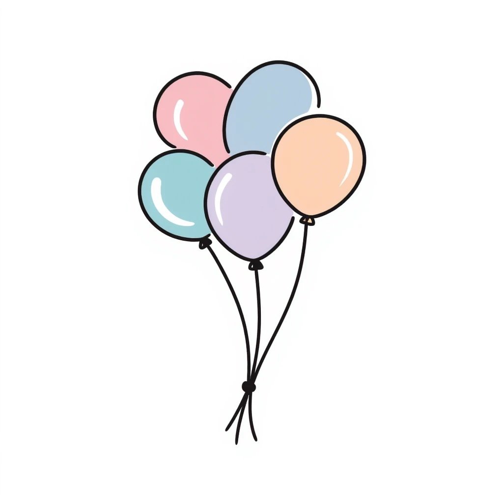 Colorful birthday balloons with strings. Hand-drawn doodle style using pastel colors (pink, light blue, lavender, peach). Simple festive balloon bunch with different shapes and sizes. Celebratory design perfect for birthdays. emoji