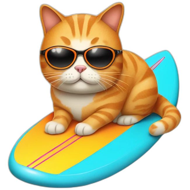 fat orange tailless cat with sunglasses on a surf board emoji