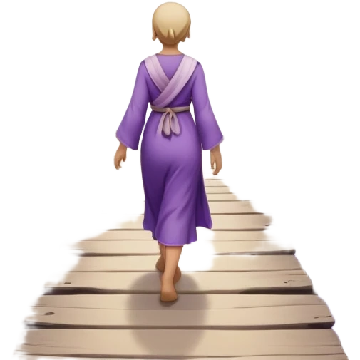 A small figure walks back broken bridge, holding soft 2 violet orbs in hand—symbolizing compassion and forgiveness. A gentle heart aura trails behind them, showing healing in motion. emoji