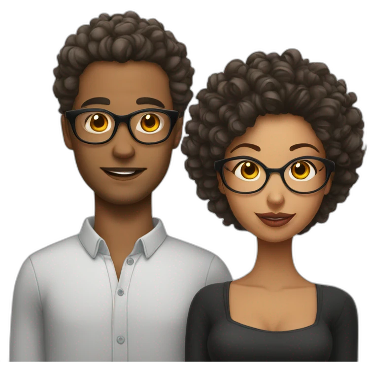 Young Bald man with tattoos. And Young curly-haired lady wearing glasses emoji