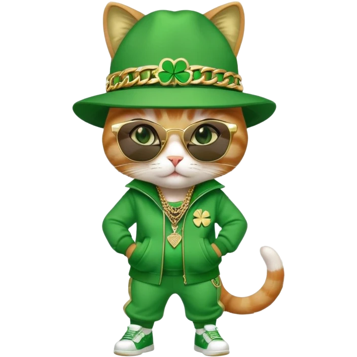 female cat in hip-hop Run DMC outfit, green tracksuit, fedora with shamrock, dark sunglasses, gold chains, bling accessories, St. Patrick's Day theme emoji