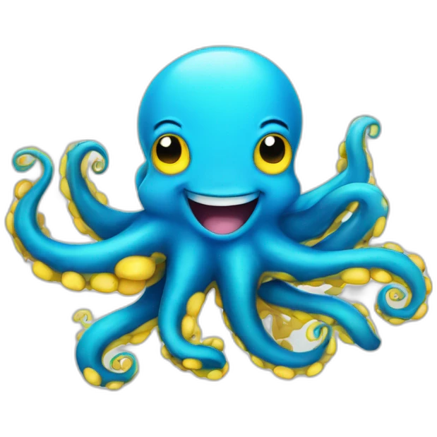 A blue cute octopus with a big smile with yellow under arms, blue coloured itself emoji