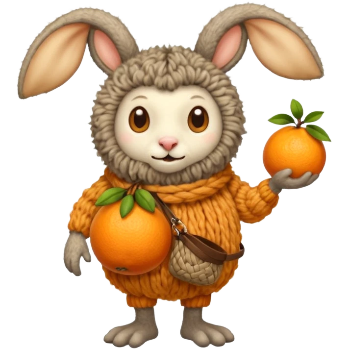 Смешной зверёк, сделанный из шерсти, с большими круглыми глазами, большими мохнаиыми ушами, пузатенький, на кривых волосатых ножках, в волосатых ручках авоська с апельсинами. emoji