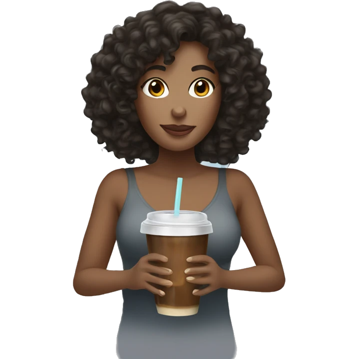 Woman with dark curly hair drinking iced coffee emoji