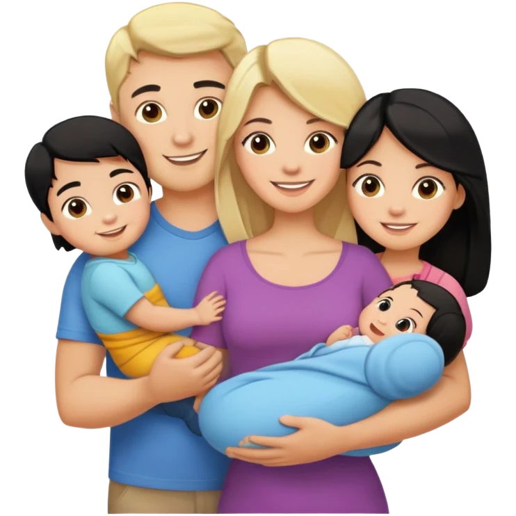 family with blond dad, brunette mom, blonde son, daughter with black hair, and a baby emoji