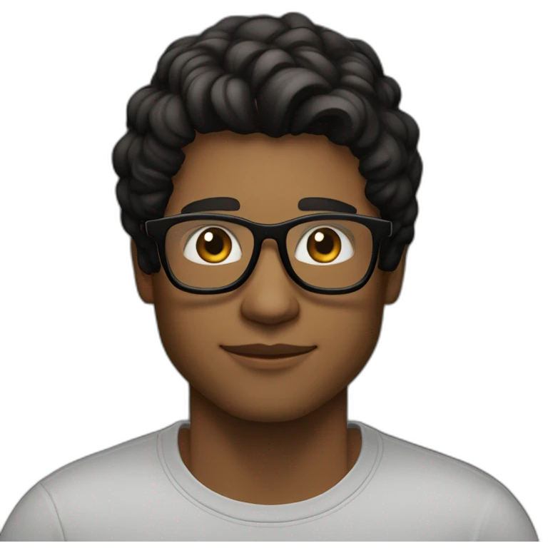 Light Brown guy, black medium long wavy hair, no facial hair, transparent aviator glasses, black t shirt emoji