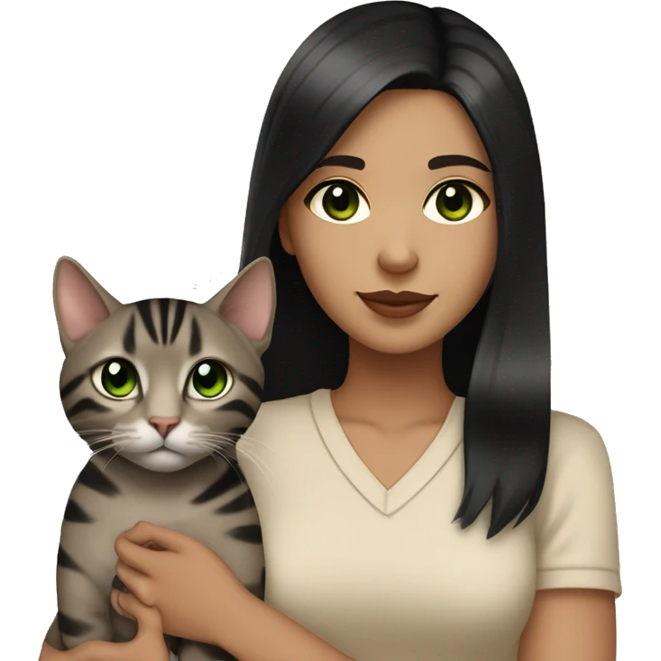Girl with light skin, brown eyes, shoulder length straight black hair, wears a beige bluse outfit, with a silver bengal cat with Green eyes, holding in her arms emoji