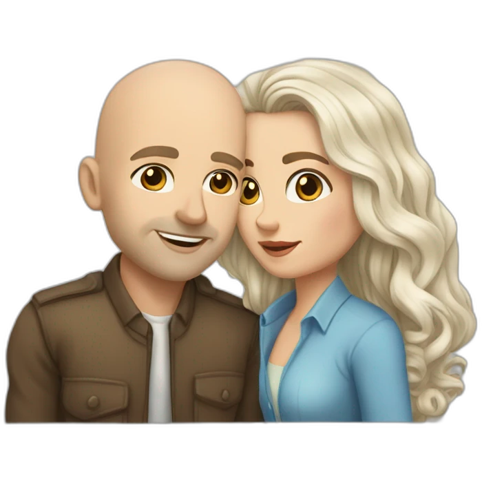 caucasian bald man with grey eyes and a caucasian woman with long curly dark hair and brown eyes kissing emoji