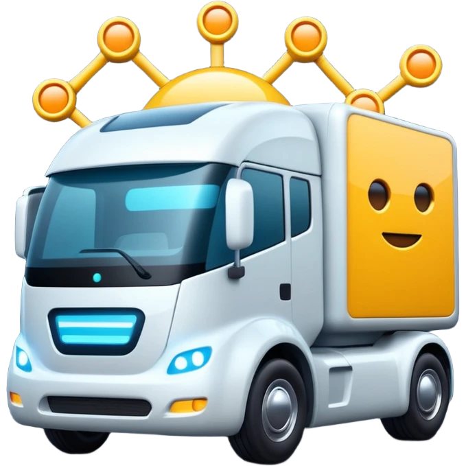 create a realistic emoji of a futuristic warehouse automation, autonomous trucks, smart drones, and glowing data networks — cinematic lighting, innovation atmosphere. emoji