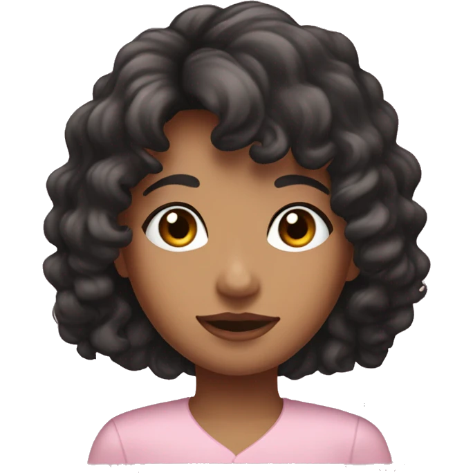 woman with long black curly hair and bangs and dark brown eyes, wearing a pastel pink blouse emoji