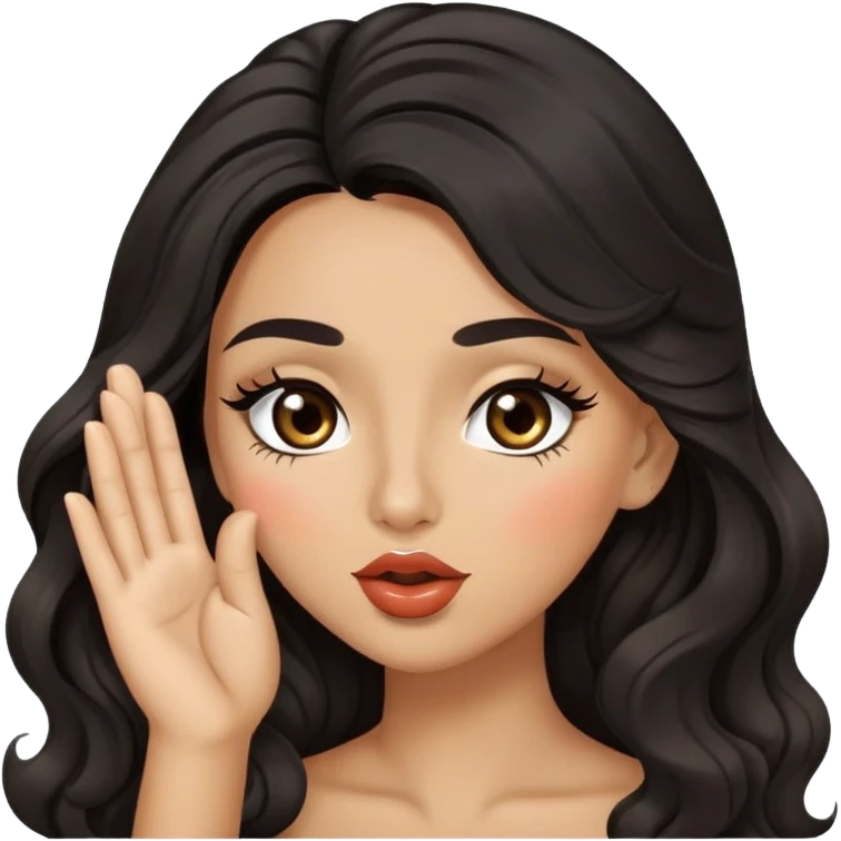 woman with olive skin, brown eyes and long lashes, and long black wavy hair blowing kiss emoji