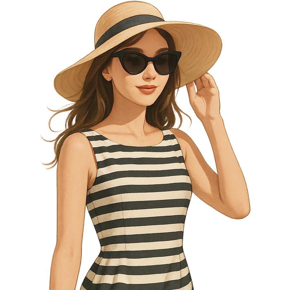 a girl with chic Riviera style, sun hat, striped dress, sunglasses, relaxed summer vibe emoji