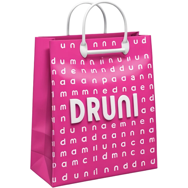 Fuchsia pink paper bag with white handles, repeating DRUNI pattern in light pink and a large vertical 'DRUNI' in bold white letters in the center, iOS emoji style, shiny and realistic. emoji