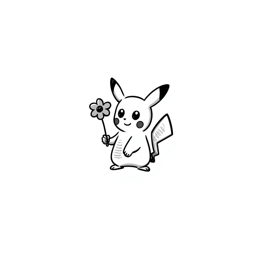 cute Pikachu Pokémon holding a flower and smiling, doodle style emoji