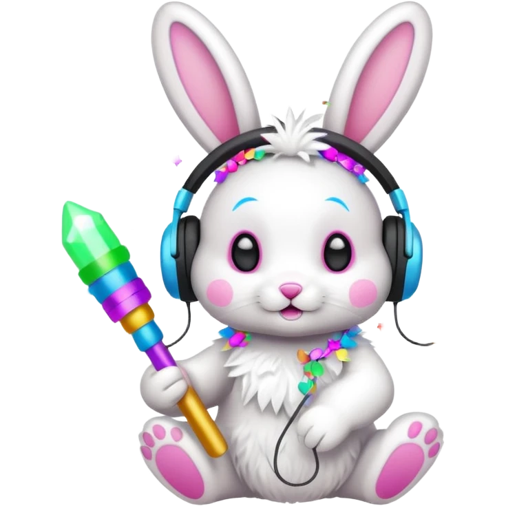cute rave bunny wearing headphones, holding a glow wand, surrounded by confetti, festive mood emoji