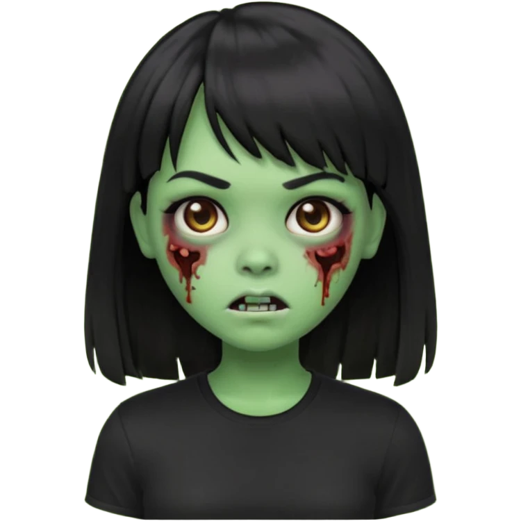 uma garota zumbi no formato Memoji da apple com o cabelo cumprido, preto liso e com franja, blusa preta emoji