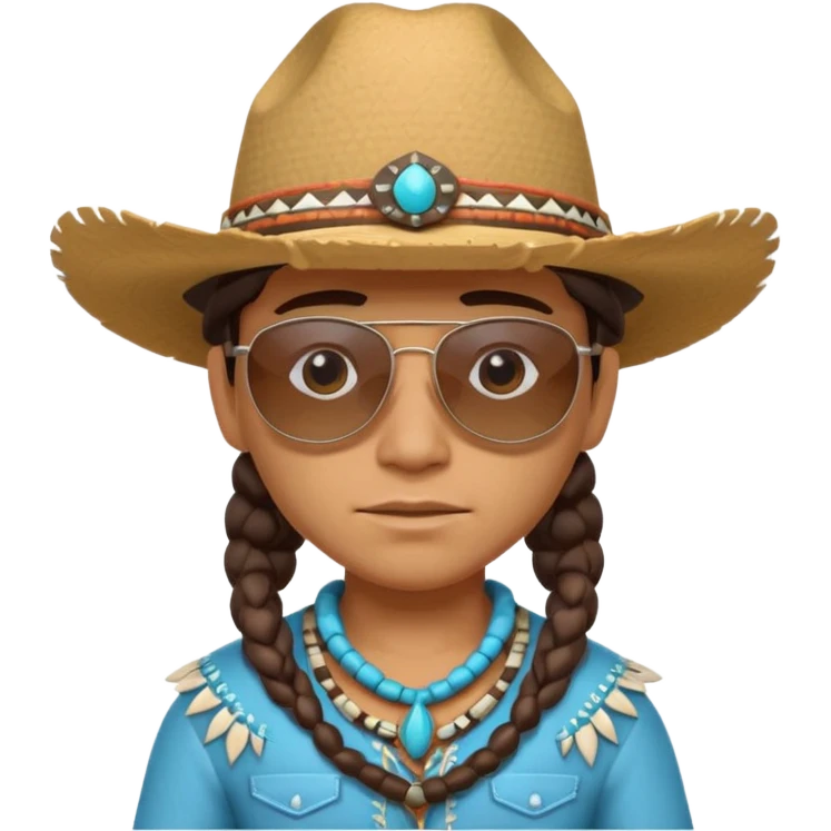 cute Indigenous tribal character portrait, head and shoulders only, cowboy hat, sunglasses, tribal accessories, confident expression, 3D cartoon, mobile game icon style, clean background, no text, no watermark
 emoji