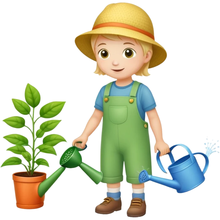 child watering plants with a watering can, cheerful and green emoji