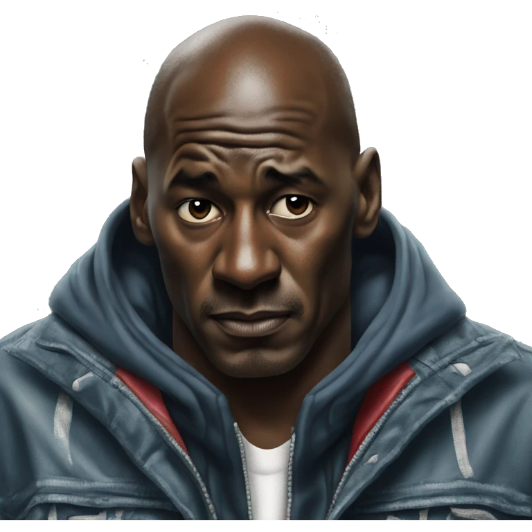 Michael Jordan in a jacket holds his head and is sad photorealistic serious emoji