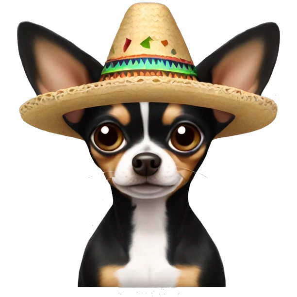 A black and brown only pointy ear chihuahua wearing a sombrero  emoji